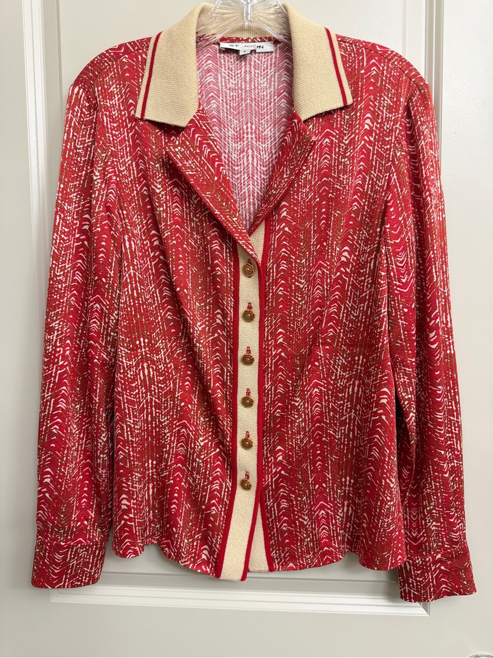 St. John Red Patterned Silk/Knit Button-Front Top with Cream Trim